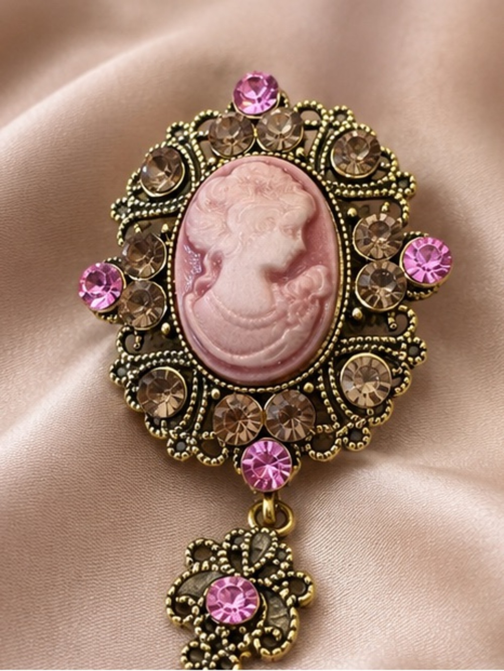 Vintage Pink Cameo Rhinestone Dangle Brooch Victorian Style
